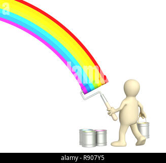 3d puppet, drawing a bright rainbow Stock Photo