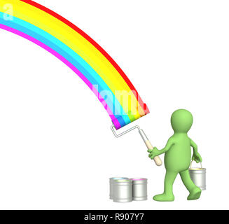 3d puppet, drawing a bright rainbow Stock Photo