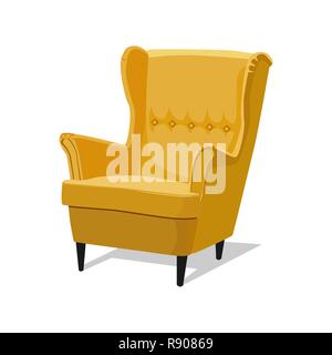 Modern yellow soft armchair with upholstery - interior design element isolated on white background. Stock Vector
