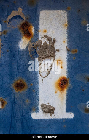 number one painted on rusty blue metal, number 1 Stock Photo