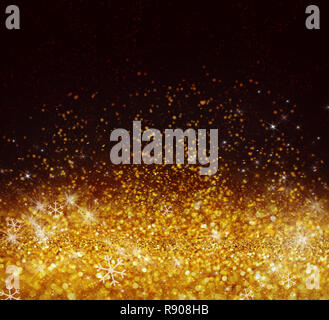 Gold bokeh or glitter lights on dark background with empty place for your text. Stock Photo