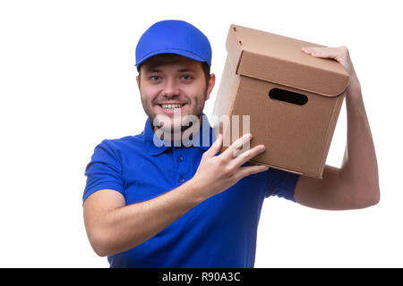 Pulling Handless Delivery man in a blue polo shirt holding a package carton bag with ...