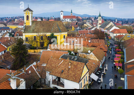 Szentendre, Hungary - Aerial skyline view of high-street Christmas market of Szentendre, the small and lovely riverside town in Pest County at winter  Stock Photo