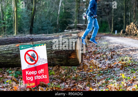 Forestry Commission Health and Safety sign 'Keep off Log Stacks' . Stock Photo