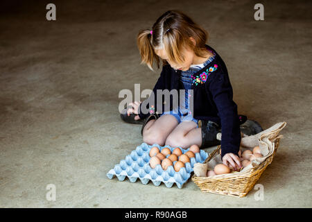 Girl kneeling on floor, placing eggs in a basket. Stock Photo