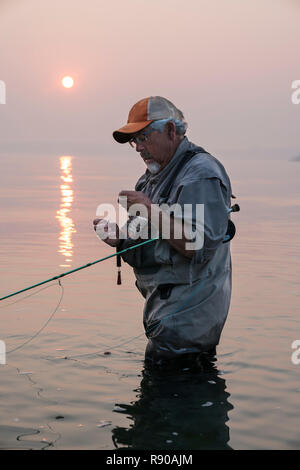 Man tying a fly on his fly fishing line while fishing for salmon and searun  cutthroat trout in Puget Soud near Port Orchard, Washington USA Stock Photo  - Alamy