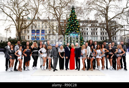 Lukasz Rozycki (left to right), Didi Conn, Richard Blackwood, Carlotta Edwards, Mark Hanretty, Saira Khan, Gemma Collins, Matt Evers, Saara Aalto, Hamish Gaman, Brianne Delcourt, Christopher Dean, Jayne Torvill, Jason Gardiner, Holly Willoughby, Phillip Schofield, Alexandra Schauman, James Jordan, Ryan Sidebottom, Brandee Malto, Alexander Demetriou, Melody Thornton, Jane Danson, Sylvain Longchambon, Alex Murphy and Brian McFadden during the press launch for the upcoming series of Dancing On Ice at the Natural History Museum Ice Rink in London. Picture date: Tuesday December 18, 2018. Stock Photo