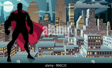 Superhero Standing Night City Silhouette Stock Vector