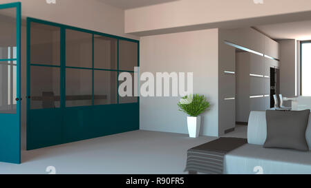 Glass wall in blue, iron and glass, living room, living space and kitchen. Modern interior design. 3d rendering. Open space Stock Photo