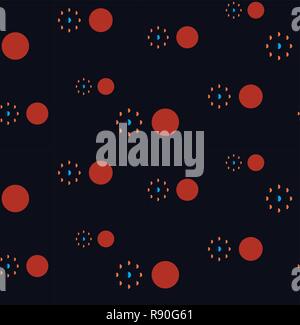 Abstract seamless pattern "Phases of the moon, earth and orange sun" on dark backgrpund Stock Vector