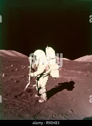 Harrison Schmitt collects lunar rake samples, Apollo 17 mission, December 1972. Creator: NASA. Stock Photo