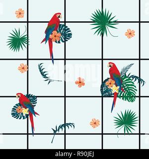 Seamless vecor exotic geometrical pattern with cells, parrots, flowers, feathers. Stock Vector