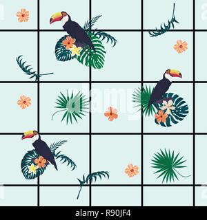 Seamless vecor exotic geometrical pattern with cells, toucans, flowers, feathers. Stock Vector