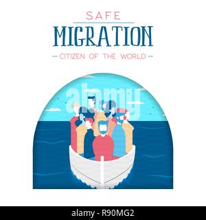 International Migrants Day illustration, diverse people group travelling boat by sea. Safe migration concept for refugees. Stock Vector