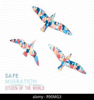 International Migrants Day illustration, diverse people group in bird shape for equality and peace. Safe migration concept of refugees. Stock Vector