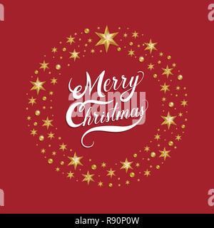 Merry Christmas hand drawn lettering with golden star and ball on red background. Vector illustration. Stock Vector