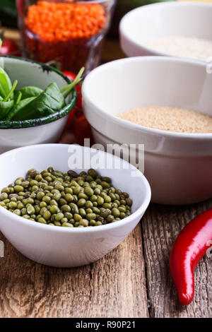Mung bean. Variety of fresh  vegetables and dry grains and beans. Healthy plant based vegan food, close up, selection focus