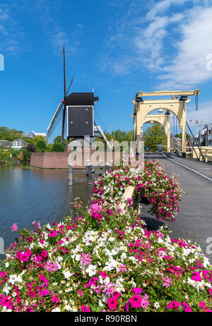 The Rembrandt Bridge (Rembrandtbrug) over the Rijn looking towards the Molen de Put windmill, Leiden, Zuid-Holland (South Holland), Netherlands Stock Photo