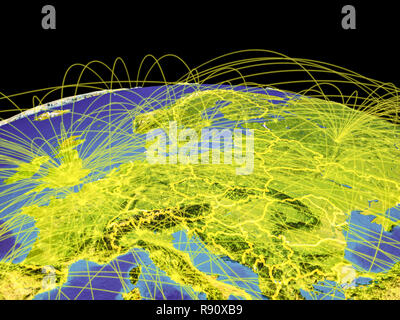 Central Europe on planet Earth with country borders and trajectories representing international communication, travel, connections. 3D illustration. E Stock Photo