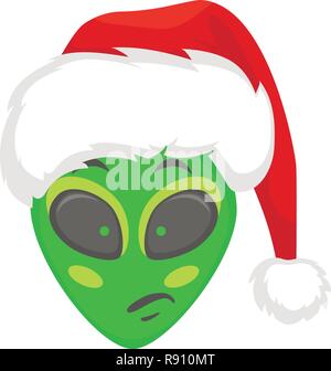 Alien face emoji. Alien green head in santa hat - Pensive. Humanoid vector illustration Stock Vector