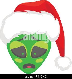 Alien face emoji. Alien green head in santa hat - Sad. Humanoid vector illustration Stock Vector