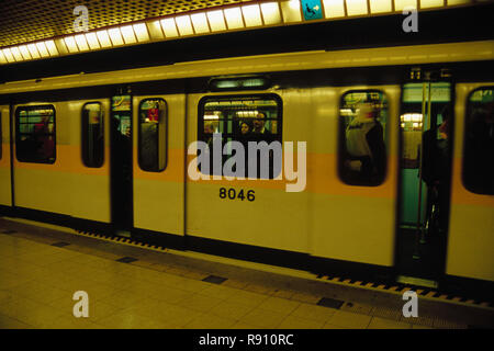 underground metro railway station platform, yellow line, milan, italy Stock Photo