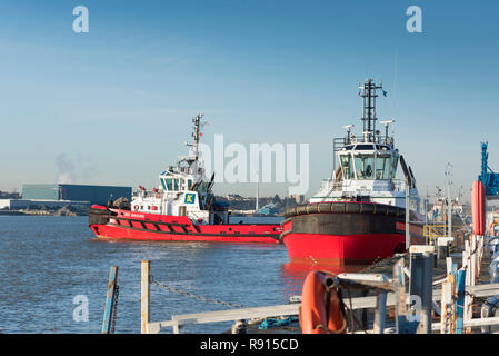 Shipping on the Thames.  The tug SD Shark steaming out into the River Thames. Stock Photo