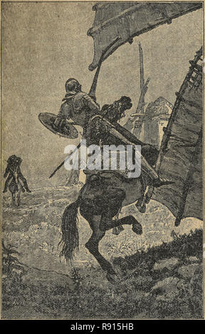 Adventure of the windmills. Don Quixote novel scene. Illustration from Calleja Edition published in 1916 Stock Photo
