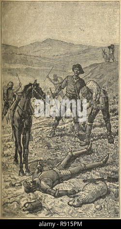 Don Quixote is knocked down by sheperds. Don Quixote novel scene. Illustration from Calleja Edition published in 1916. Stock Photo