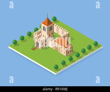 Isometric element of urban landscape ancient fortress Stock Vector