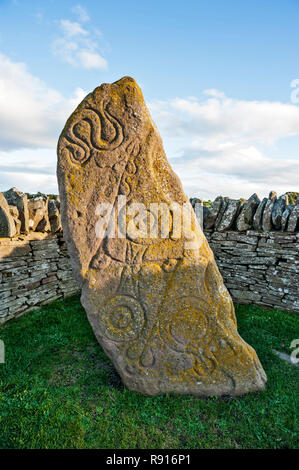 Early Medieval Standing Stone, The Serpent Stone,  by roadside at Aberlemno, Angus Scotland UK against a bright blue cloudy sky Stock Photo