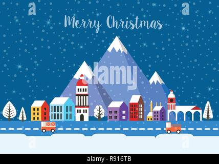 Christmas winter landscape mountains flat city xmas backdrop urban building for holiday and design Stock Vector