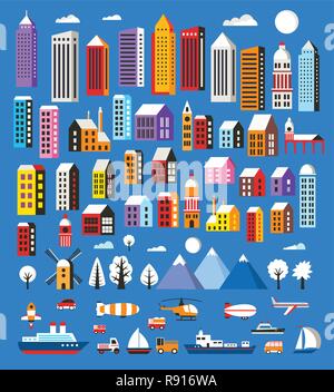 Set of houses and objects Christmas winter landscape flat city xmas backdrop urban building for holiday and design Stock Vector