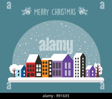 Night Christmas City Snowy with houses and street. Urban village decorated design winter landscape. Xmas snowfall Happy Holidays illustration. Decorat Stock Vector