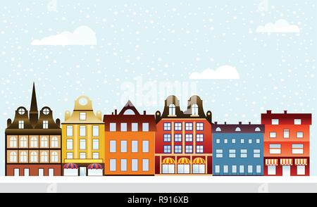 Urban village Christmas decorated design street winter landscape. Night City Snowy with houses snowfall Happy Holidays banner. Decorative flat cartoon Stock Vector