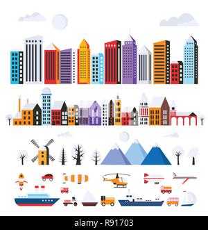 Set of urban flat buildings of different colors for creativity and design, includes skyscrapers, houses, shops offices, natural sites, trees, mountain Stock Vector