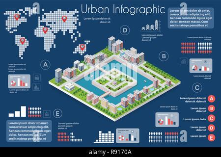 City infographics of the town with houses, river and embankment. Graphs, diagrams of social reports and presentations of urban infrastructure for crea Stock Vector