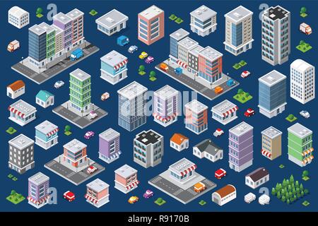 Set of urban 3d buildings of different colors for creativity and design, includes skyscrapers, houses, shops, offices, natural sites, trees, transport Stock Vector