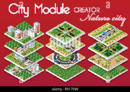 City module builder constructor isometric concept of urban infrastructure business. Vector building illustration of natural park alley square with wit Stock Vector