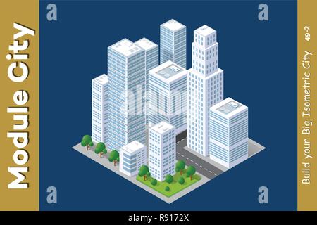 Set of urban areas of modules for the construction of the city with trees, benches, paths and lawns Stock Vector