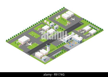 Isometric map of the city airport, the trees and the flight of construction and building, terminal, planes and cars vector illustration. Stock Vector
