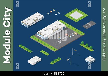 Flat isometric map, landscape city, building skyscraper, picture of the nature, parks, cafe, landmarks. Vector 3d top view block dormitory area Stock Vector