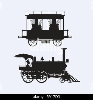 Set of design city elements of an old vintage locomotive silhouette train with wagon Stock Vector