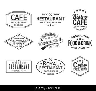 Cafe and restaurant logos vintage design with food and drinks cutlery ...