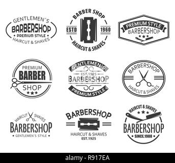 Set of isolated logo or signs for barber shop Stock Vector