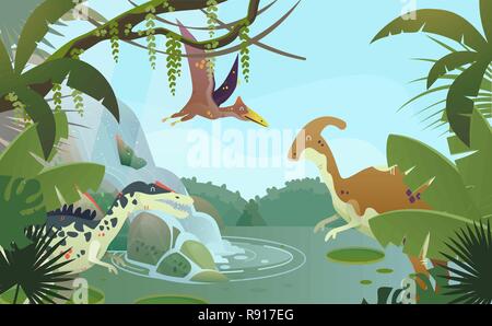 Nature landscape with prehistoric dinosaurs Stock Vector