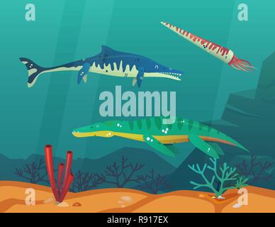 Ocean or sea with underwater dinosaurs or dino Stock Vector
