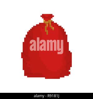 Red bag Santa Claus pixel art. 8bit Large sack holiday for gifts. Video game Big bagful for new year and Christmas Stock Vector