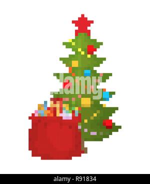 Christmas tree and bag Santa pixel art. 8bit Red sack of toys and sweets for children. New Year Video game Old school Stock Vector