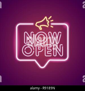 Now Open neon light announcement poster template Stock Vector